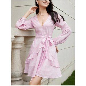 Gorgeous Pink Plunging Neck Ruffle Trim Belted Dress Size S NWT!